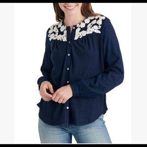NWOT Lucky Brand Navy Blue Embroidery Button Front Top US S